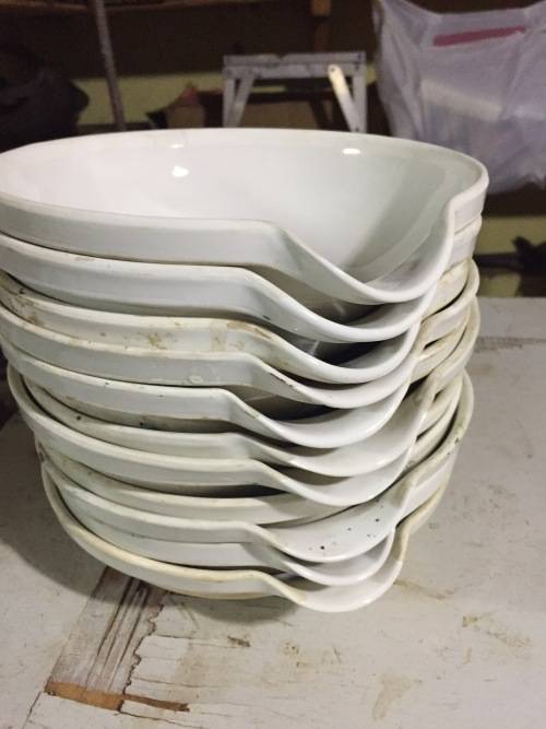 Old ceramic bowls used in a chemistry lab