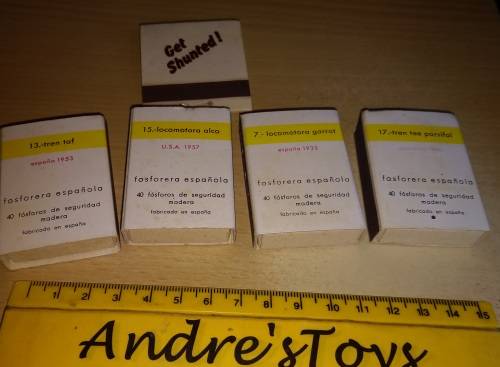 Empty Match boxes with trains on