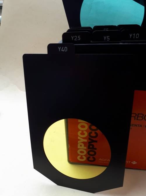 Photographic colour filter box Agfa Gevaert copycolor 10cm dia. CMY x 18 metal filters from Belgium
