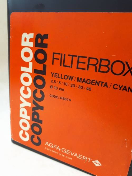 Photographic colour filter box Agfa Gevaert copycolor 10cm dia. CMY x 18 metal filters from Belgium