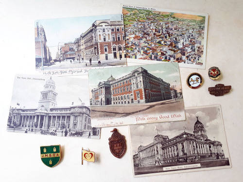 Johannesburg vintage pin badges. Medal Proclaiming Joburg a City, Joburg postcards, 1st Day stamps