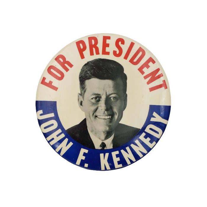 Stars and Stripes flag (Star Spangled Banner) USA and John F. Kennedy for President Campaign badge