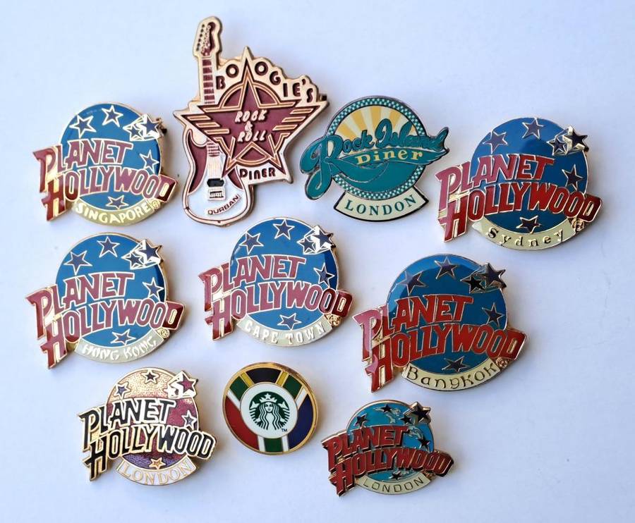 Planet Hollywood 7 Vintage Pin badges 1990s. The restaurant was founded in New York City in 1999