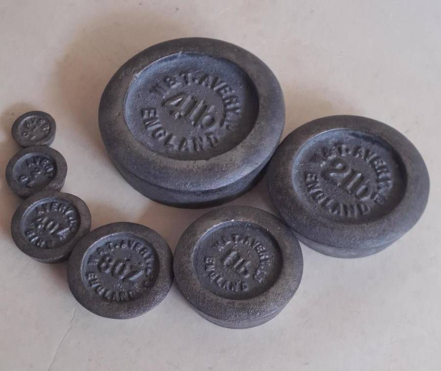 Antique cast-iron imperial weights as used in old home kitchens and grocery stores