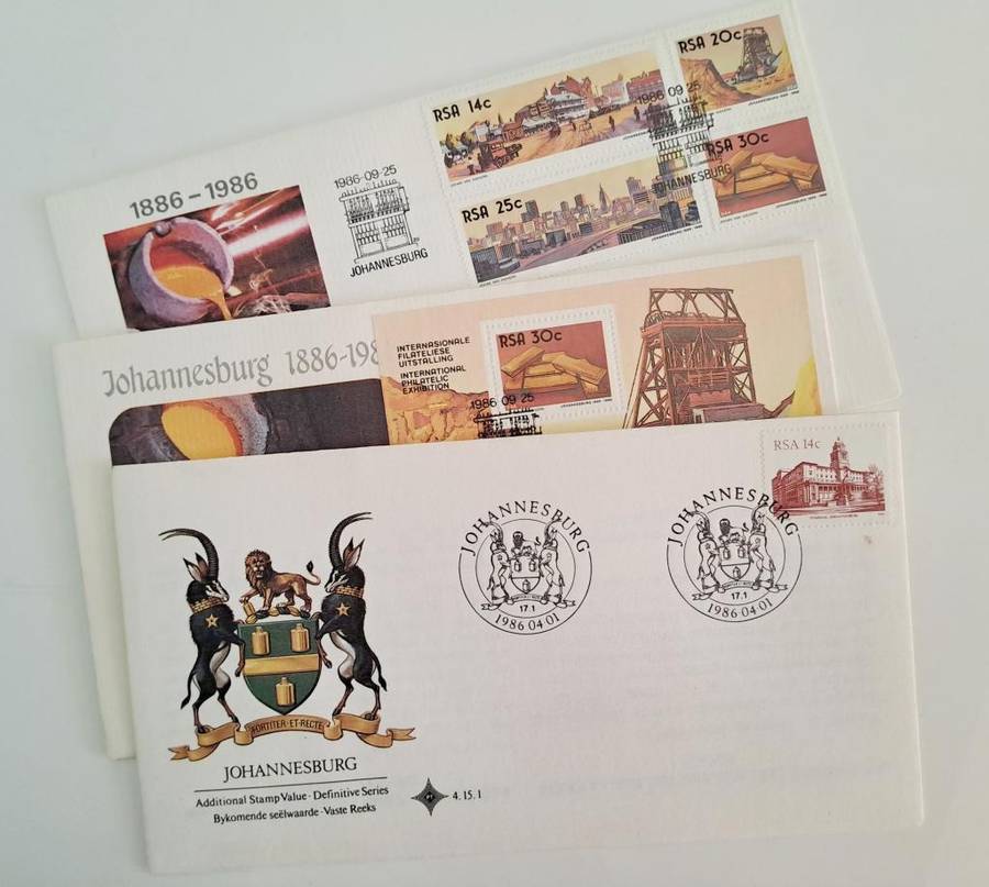 Johannesburg vintage pin badges. Medal Proclaiming Joburg a City, Joburg postcards, 1st Day stamps