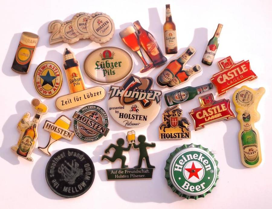 Beer pin badges German and other European beers plus 2 x Castle Lager pin badges