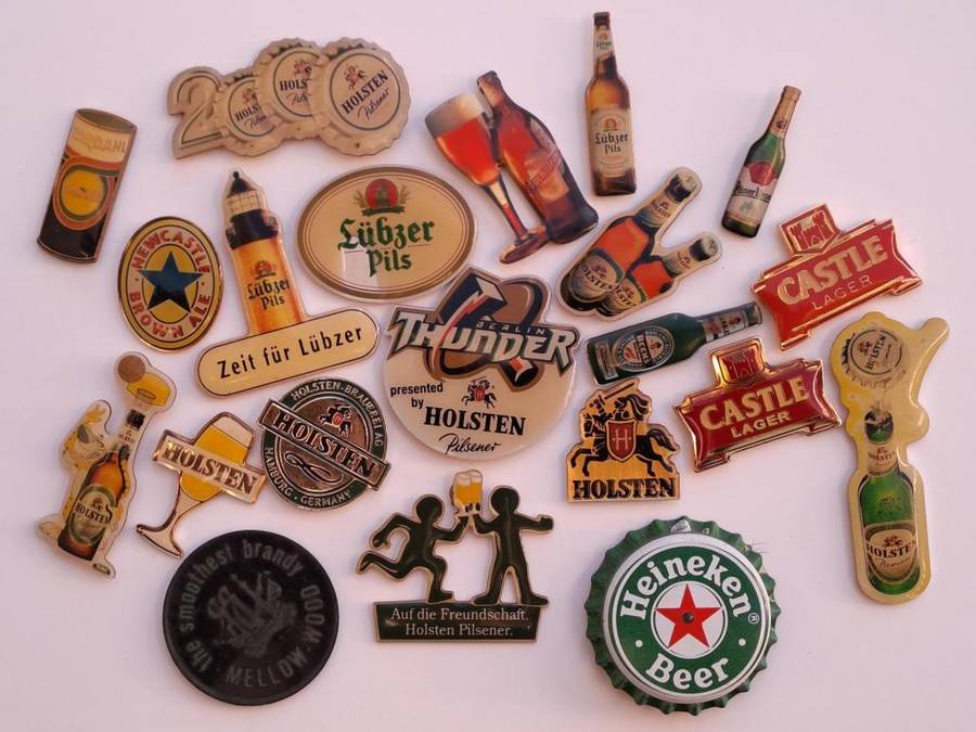 Beer pin badges German and other European beers plus 2 x Castle Lager pin badges