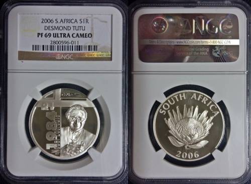 ## NGC Graded 2006 South Africa Silver Protea Desmond Tutu R1 PF 69 Ultra Cameo ##
