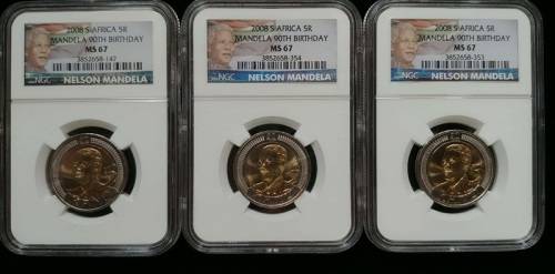 ## 3 x NGC Graded 2008 Mandela 90th Birthday R5 MS 67  ** Bid per Coin for the LOT ##