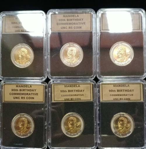## Collection of 6 x Mandela 90th Birthday UNC R5 in Perspex Boxes ** Bid per Coin for the LOT ##