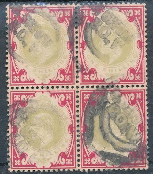 GB - EDWARD 7 -  ONE SHILLING  BLOCK OF 4 LIGHT SHADE  CHEAPEST @ 160 POUNDS