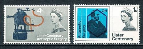 GB   1965   -  QE  Antiseptic Surgery by Joseph Lister    PHOSPHOR  SET  - MINT
