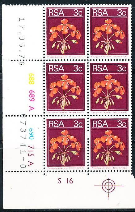 RSA -  1974  - 2nd BDEFINITIVE  3c  CONTROL  A  BLOCK  -  17/06/76   (prnt  0 )   - FINE MINT