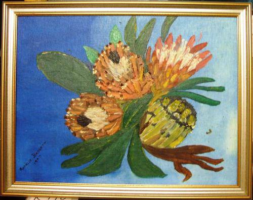 CRAZY R1 START, A RANGE OF PROTEA FLOWERS, FRAMED OIL PAINTING  BY RONELLE BASSETT 1997
