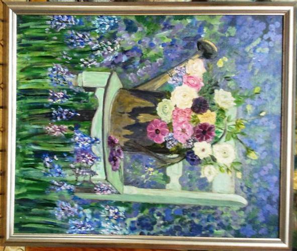 ORIGINAL FRAMED OIL ON BOARD CANVAS, GARDEN FLOWERS IN WATERING CAN