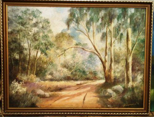 FRAMED ORIGINAL OIL ON CANVAS BOARD, FOREST LANDSCAPE BY ROSEMARY 1974