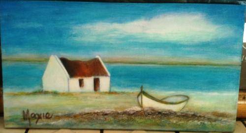 UNFRAMED ORIGINAL ACRYLIC ON CANVAS BOARD, COTTAGE AND BOAT by MAXIE LESSING