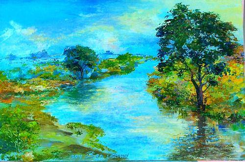 UNFRAMED ORIGINAL ACRYLIC ON CANVAS BOARD, TRANQUILITY AT THE RIVER BY BEN BERND
