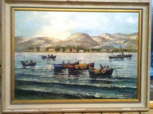 FRAMED ORIGINAL OIL ON BOARD CANVAS (RIVER FISHING  VILLAGE) SIGNED BY ARTIST