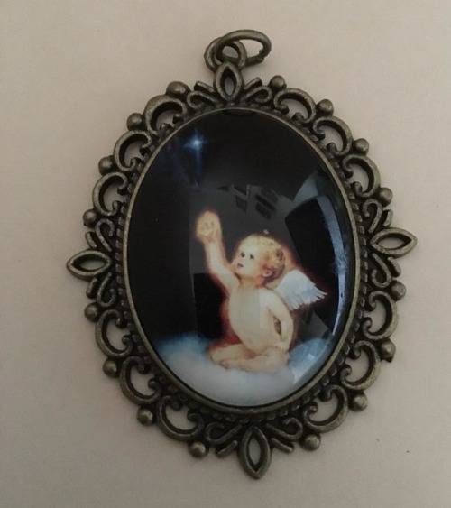 OVAL GLASS ANTIQUE BRONZE LOOK -30 X 40MM CABOCHON NECKLACE - LITTLE ANGEL