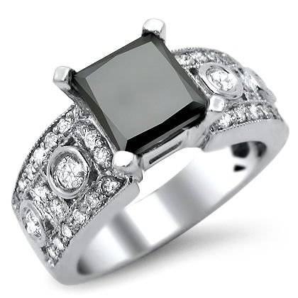 Certified 3.50Cts Princess Cut Real & Natural Black Diamond Designer Engagement Ring.