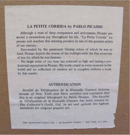 Limited Editioned Print Pablo Picasso La Petite Corrida *Authentication Guaranteed*