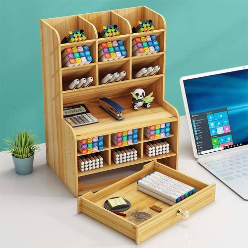 Multifunctional Wooden Storage Rack Desk Storage Piece, Large Capacity Pen Holder