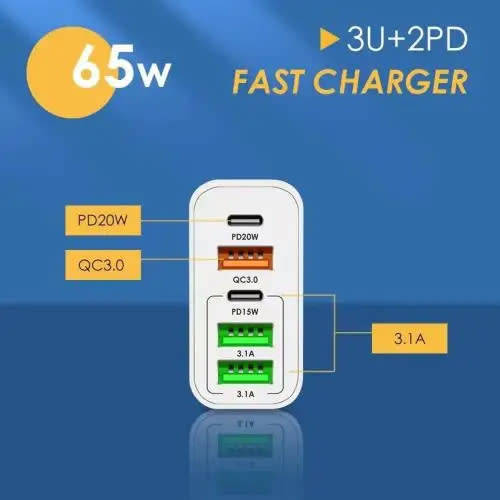 5-Port Cell Phone Charger, 65W USB C Charger, Compatible GaN Technology Fast Charging Charger