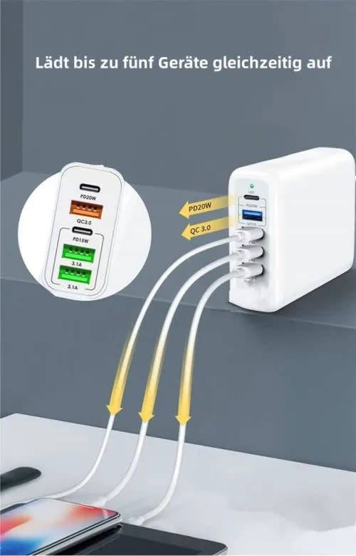 5-Port Cell Phone Charger, 65W USB C Charger, Compatible GaN Technology Fast Charging Charger