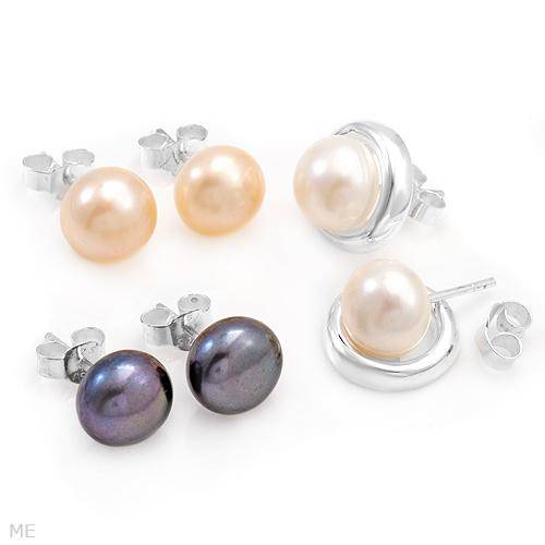 Elegant Lot - 3 Elegant Earrings With Genuine 8-8.5mm Cultured Freshwater Pearls Made of 925 Sterlin