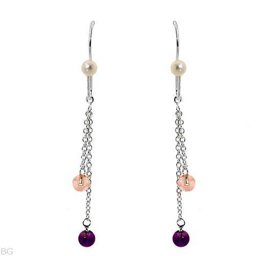 Wonderful Brand New Earrings With 0.50ctw Precious Stones - Genuine Amethysts, 3mm Freshwater Pearls