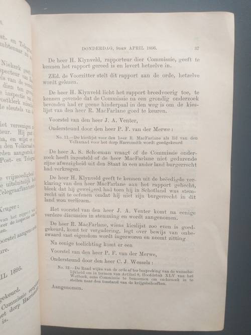 Index op de Notulen der Verrichtingen van den Hed. Volksraad in zijne... 7 April 1896