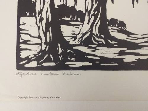 Linosniee afdruk van Wilgerbome Pretoria deur Jacob Hendrik Pierneef