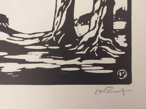 Linosniee afdruk van Wilgerbome Pretoria deur Jacob Hendrik Pierneef