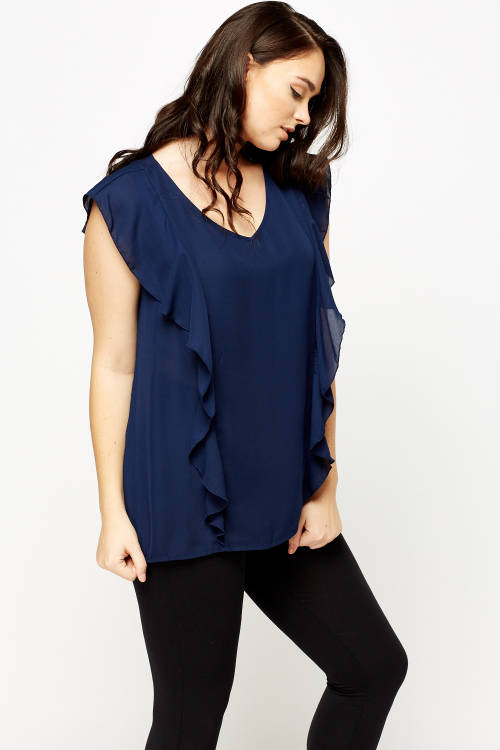PLUS SIZE Sheer Frilled Navy Top