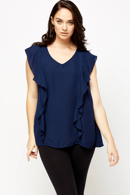 PLUS SIZE Sheer Frilled Navy Top