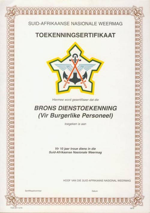 (A19) AWARD CERTIFICATE:- SANDF Bronze Service Award - Civilian Personnel - Printed in Afrikaans
