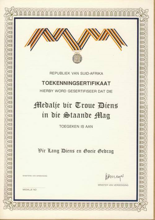 (A56) AWARD CERTIFICATE:- SA Permanent Force Good Service Medal - Silver - Printed in Afrikaans