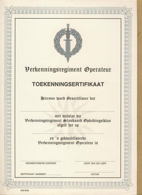 (A1409) SA Special Forces - Recce OPERATOR'S CERTIFICATE - ORIGINAL!!