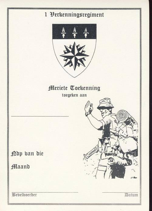 *F0991 - CERTIFICATE OF MERIT - SA 1 Recce Regiment (Unsigned) - OBSOLETE - ORIGINAL!!!