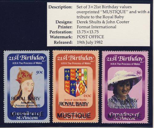 *F1929 - GRENADINES OF ST. VINCENT "MUSTIQUE" 1982 - Royal Baby - Set of 3 Stamps - **UM