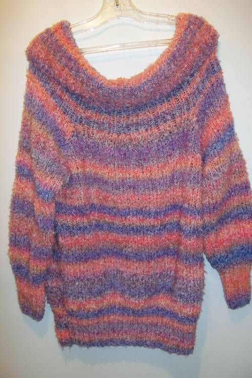 Multicoloured Off Shoulder Vintage Style Hand Knitted Sweater / Jersey - Size Large