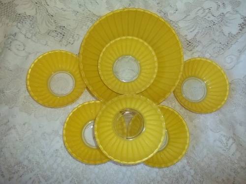 YELLOW VINTAGE DESERT BOWLS  - ONE LARGE AND SIX SMALL