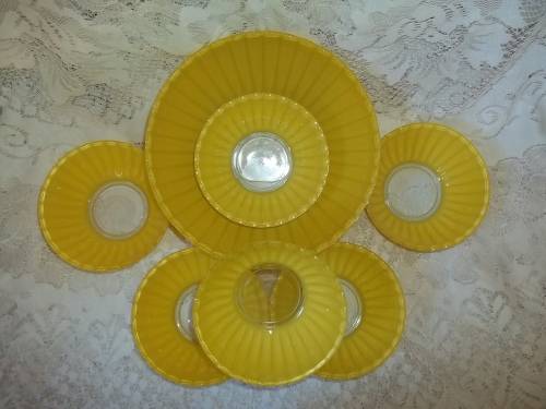 YELLOW VINTAGE DESERT BOWLS  - ONE LARGE AND SIX SMALL