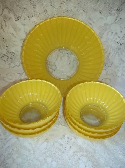 YELLOW VINTAGE DESERT BOWLS  - ONE LARGE AND SIX SMALL