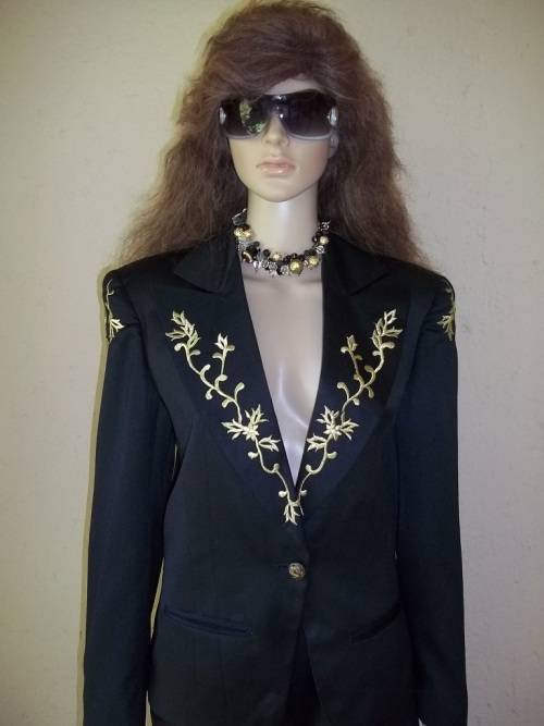 PRET A PORTER BY THE BOYS  - UNIQUE BLACK VINTAGE DESIGNER SUIT WITH GOLD EMBROIDERY - SIZE 34 / 32