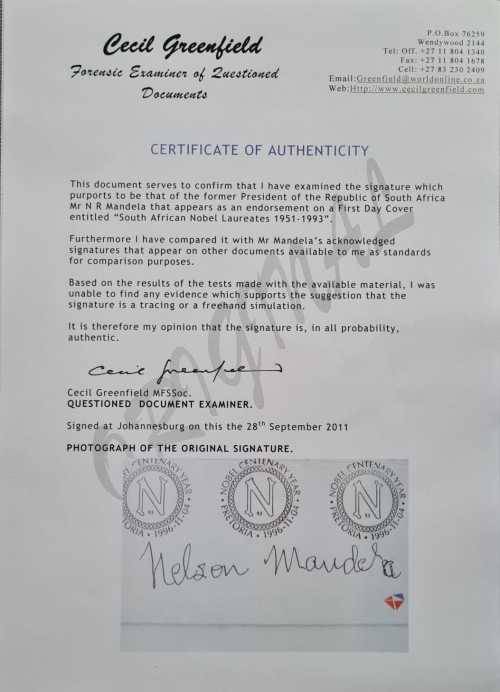 Nelson Mandela Hand Signed Nobel Prize & COA