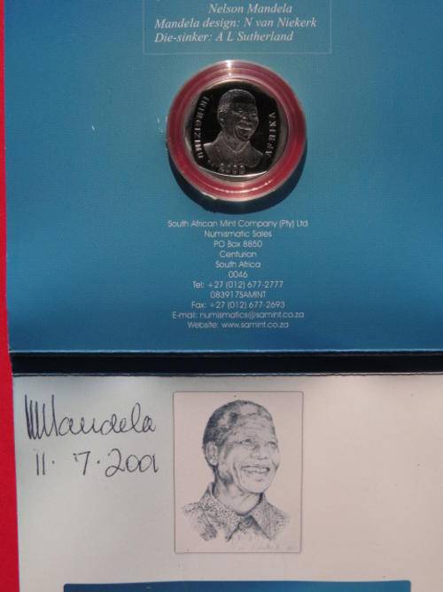 ORIGINAL NELSON MANDELA SIGNATURE  WITH ORIGINAL YEAR 2000 PROOF COIN AS FROM THE MINT +CERTIIFICATE