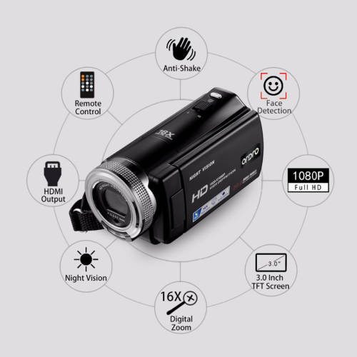 Ordro V12 Digital Video Camera - 1/4-Inch CMOS, 1080p Video, 20MP Pictures, 1000mAh, 16x Zoom, 3-Inch Display
