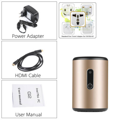 Intel Mini PC "Win Pro G2" - Windows 10, CR Z3736F Quad Core CPU, Wi-Fi, 2MP Camera, Bluetooth 4.0 (Gold)